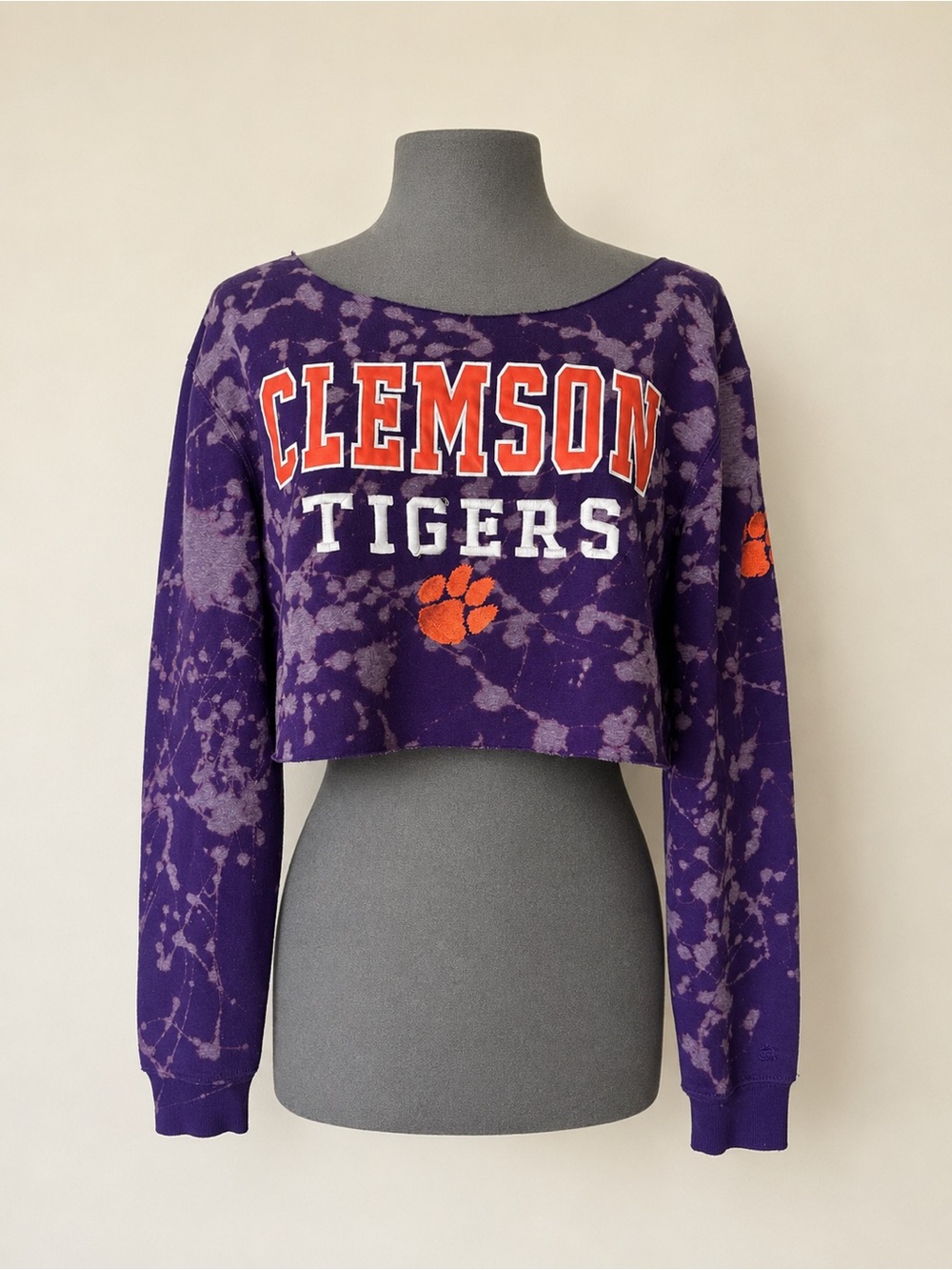 Clemson Tigers Custom Bleached Cropped Sweatshirt Purple Wide Neck OOAK